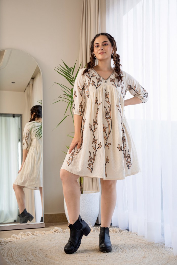 Ethereal Grace: Off-White Embroidered Cotton Dress