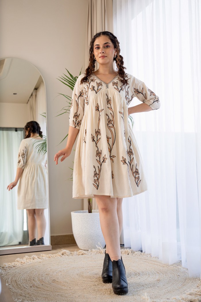 Ethereal Grace: Off-White Embroidered Cotton Dress