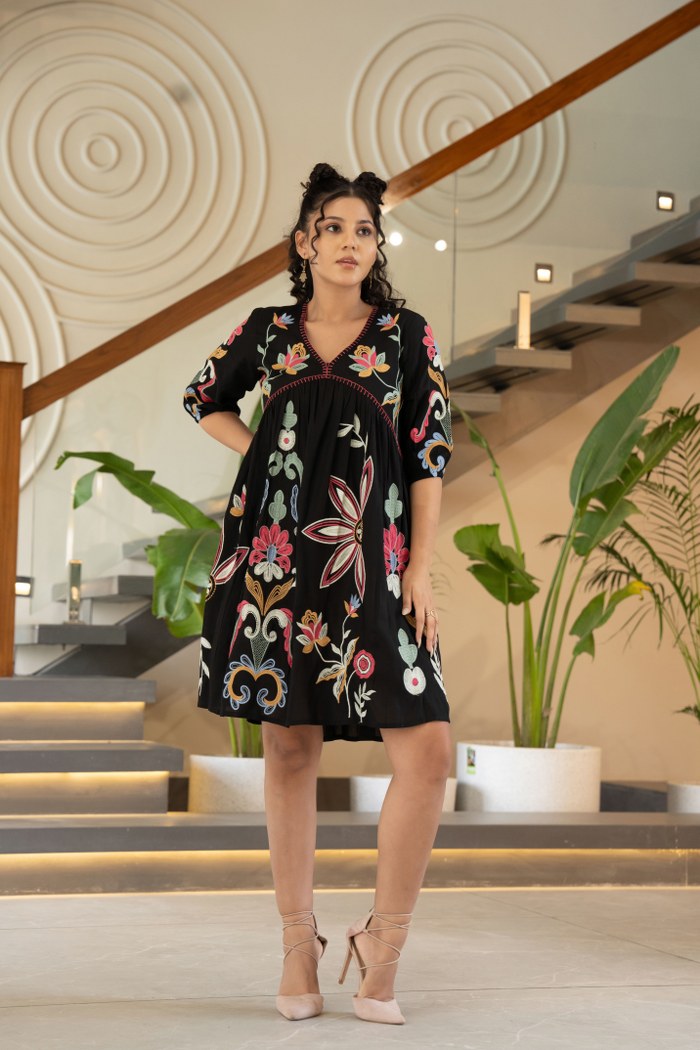 Vibrant Floral Embroidered Black Dress: Elegant Design