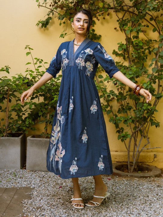 Midnight Garden Embroidered Cotton Maxi Dress