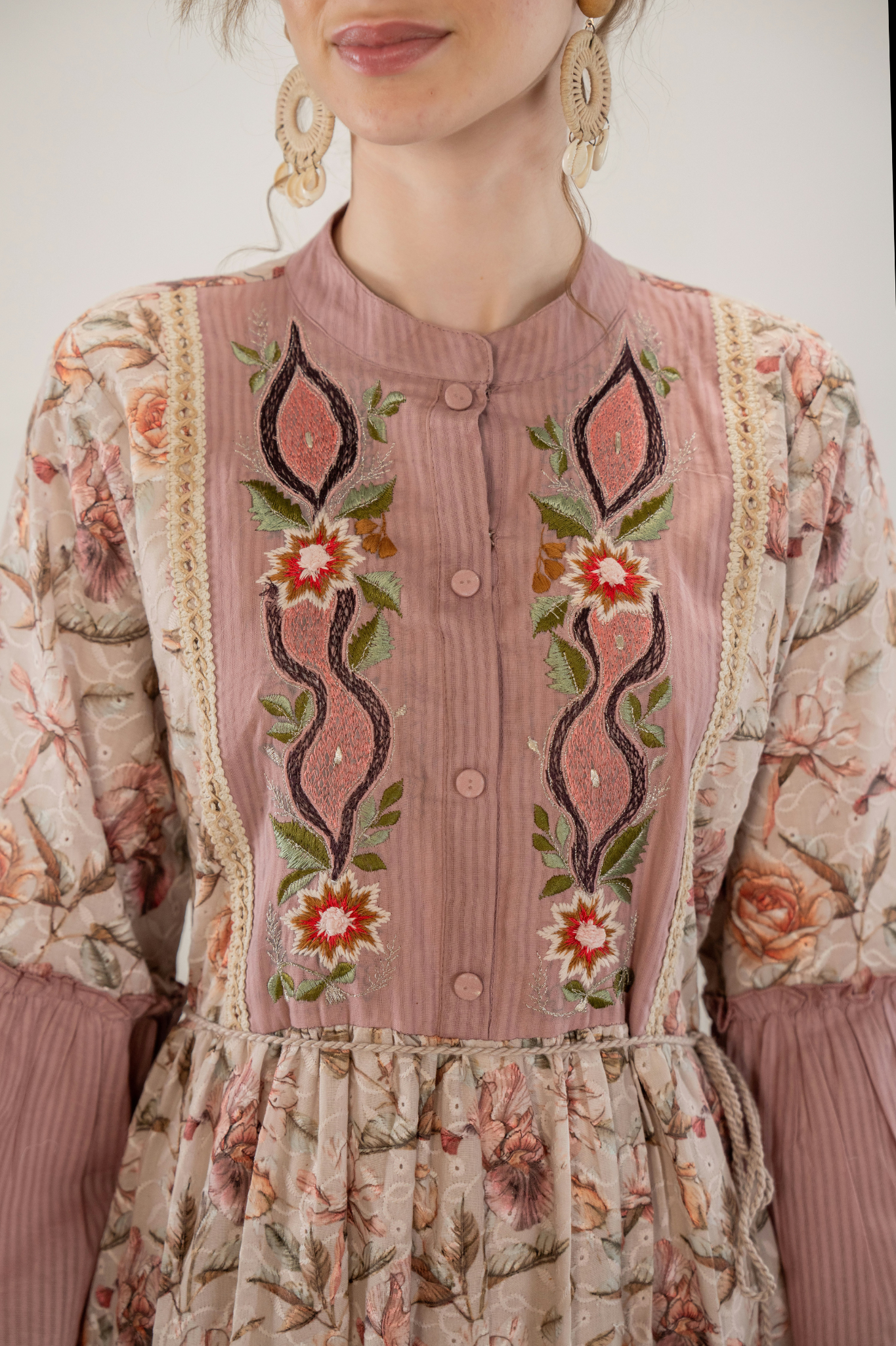 Dusky Rose Whirl Embroidered Cotton Dress