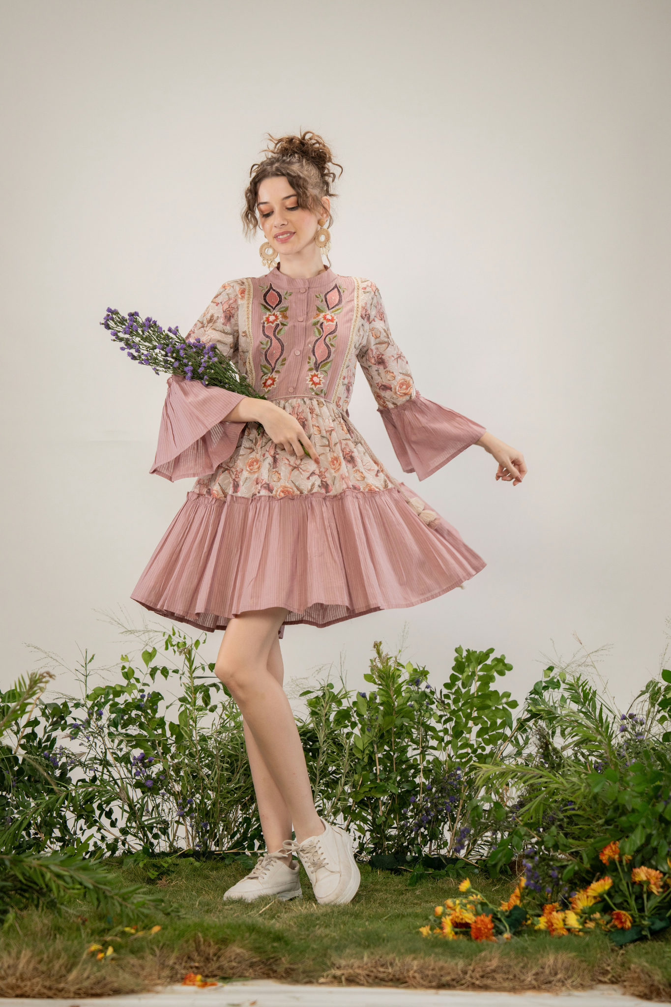 Dusky Rose Whirl Embroidered Cotton Dress