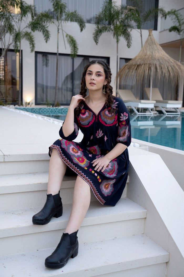 Twilight Dreams Embroidered Attire Cotton Tunic Dress