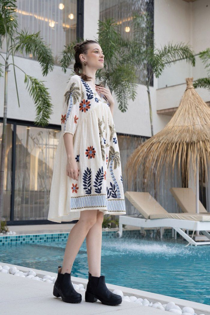 Summer Bloom: Vibrantly Embroidered Off White Dress
