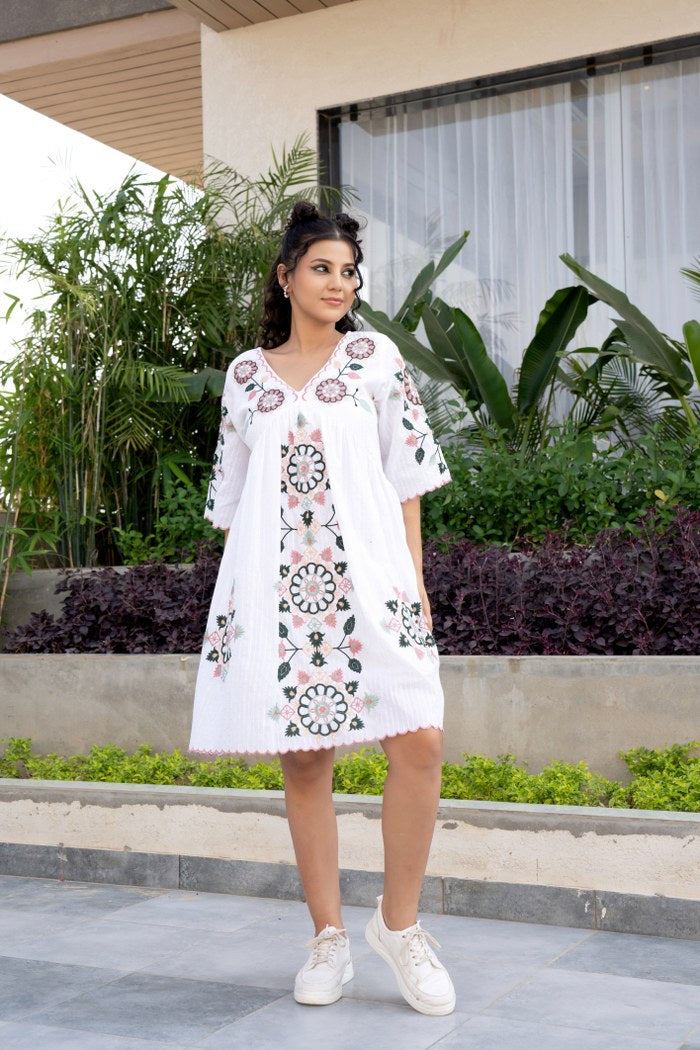 Blossom Grace: White Summer Dress with Vibrant Embroidery