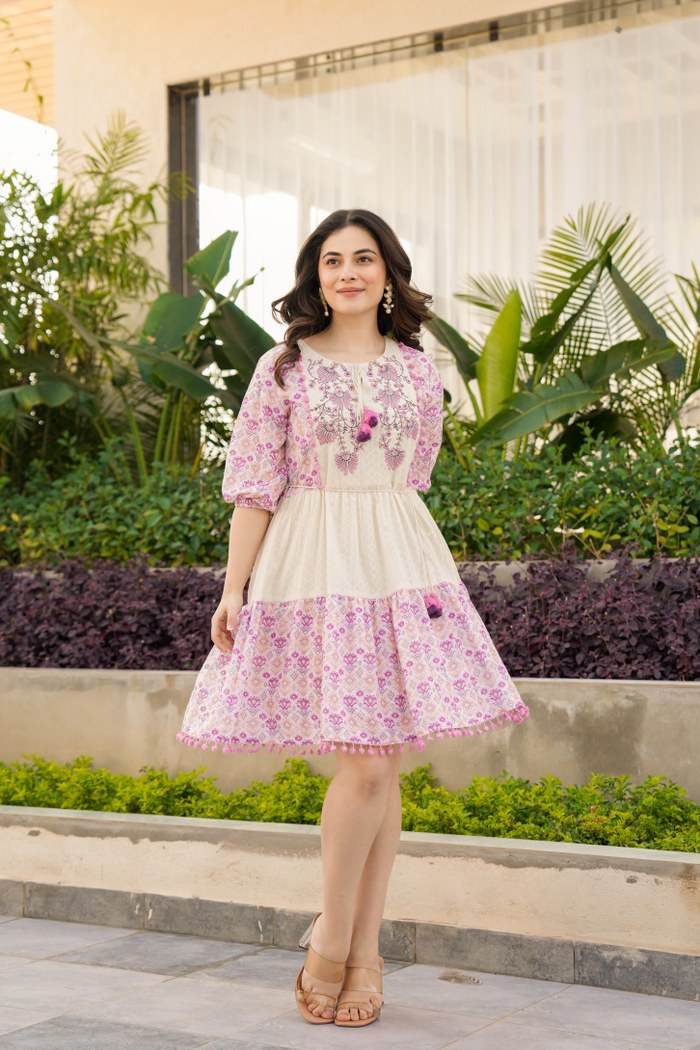 Blossoming Charm: Pure Cotton Embroidered Dress