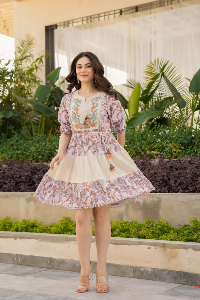 Floral Elegance: Pure Cotton Embroidered Dress with Puff Sleeves