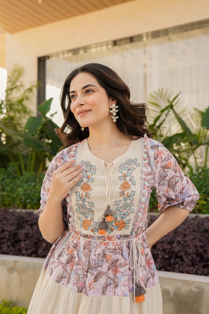 Floral Elegance: Pure Cotton Embroidered Dress with Puff Sleeves