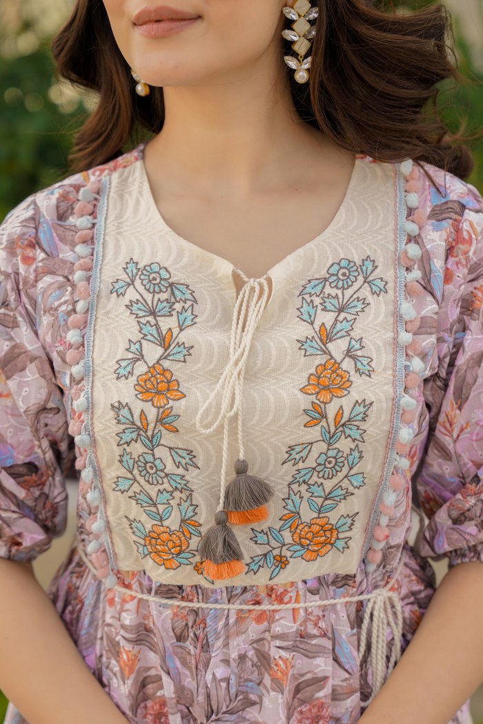 Floral Elegance: Pure Cotton Embroidered Dress with Puff Sleeves