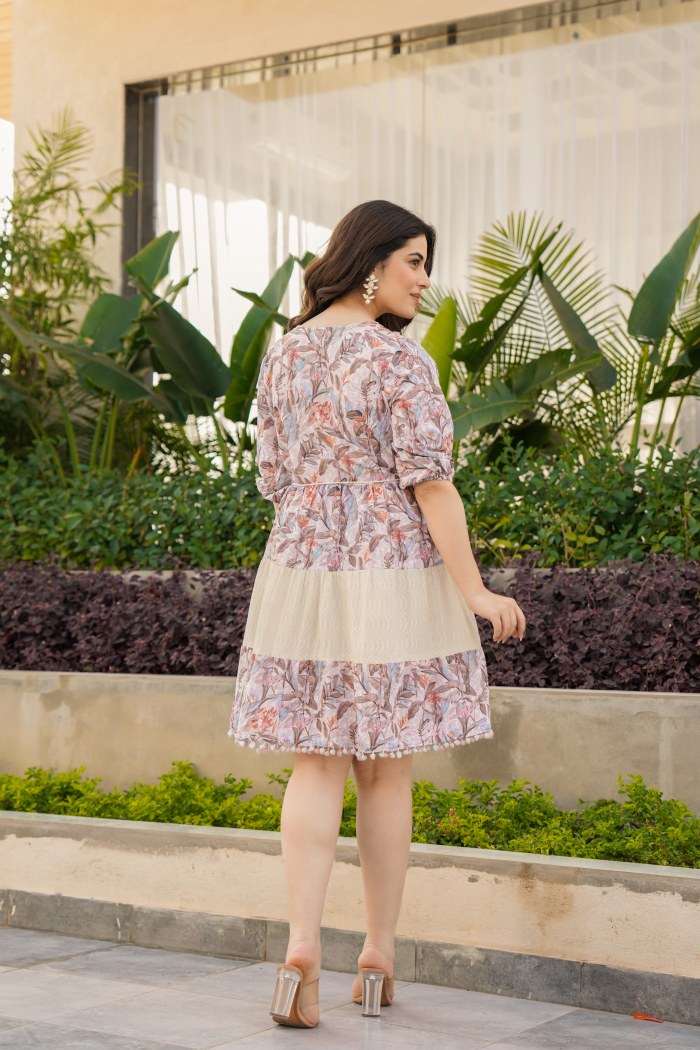 Floral Elegance: Pure Cotton Embroidered Dress with Puff Sleeves