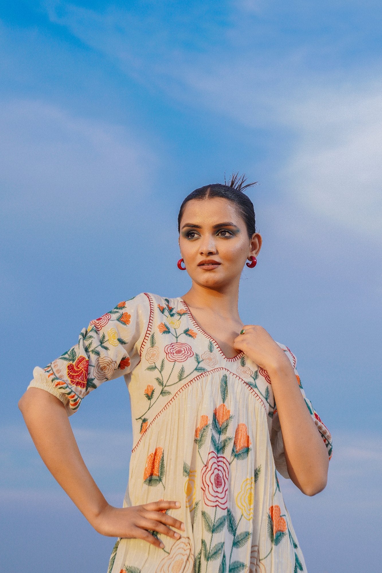 Ivory Enchantment Floral Cotton Tunic Embroidered Dress