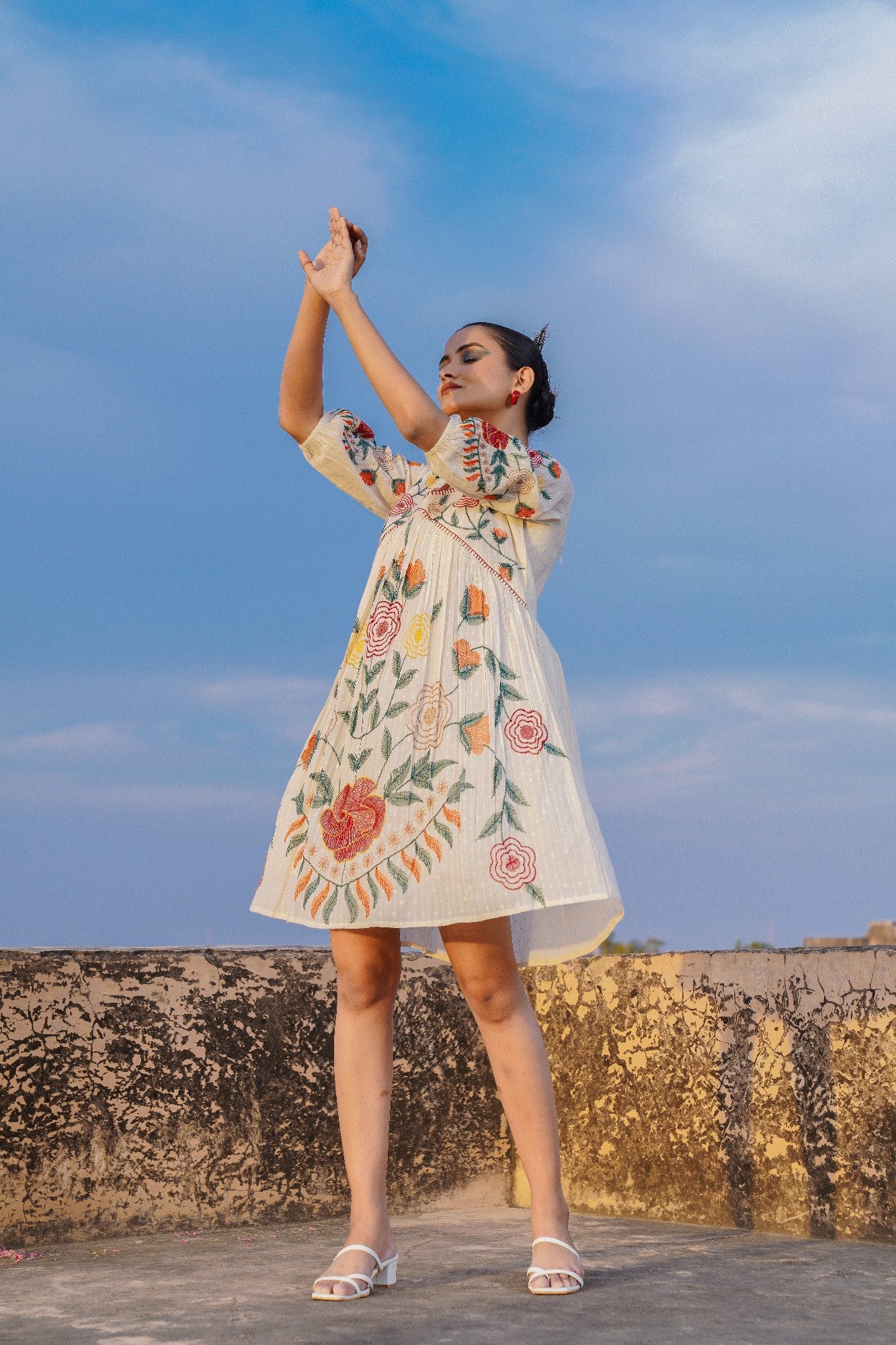 Ivory Enchantment Floral Cotton Tunic Embroidered Dress