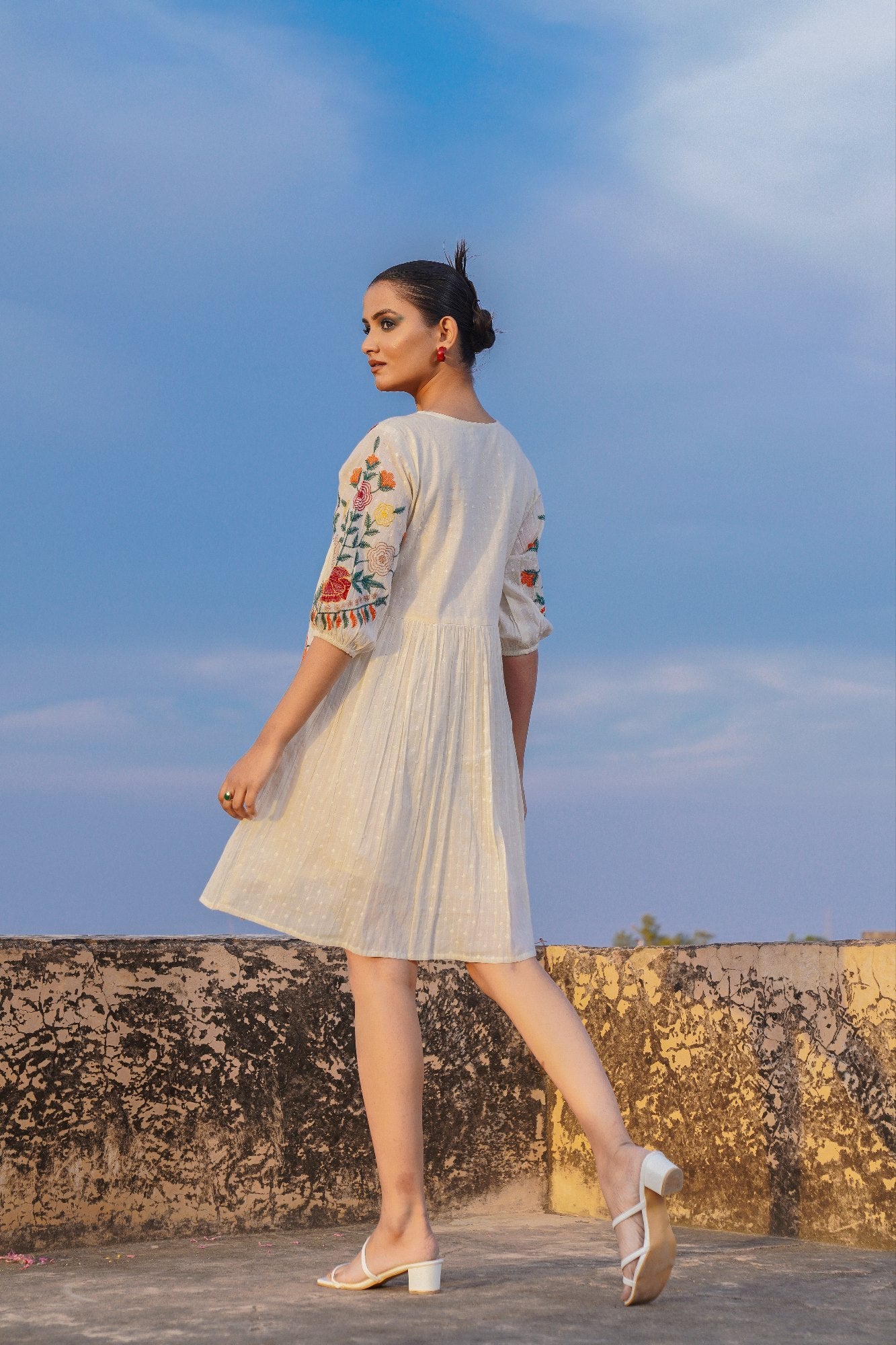 Ivory Enchantment Floral Cotton Tunic Embroidered Dress