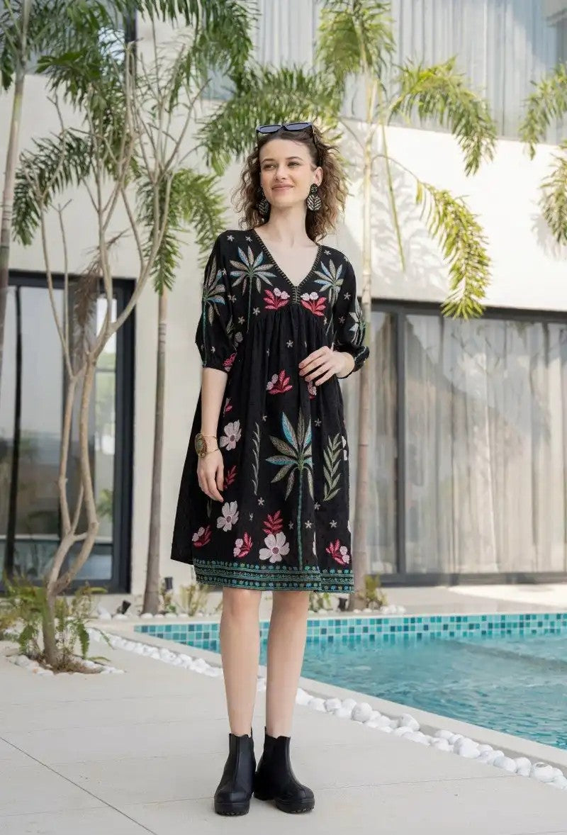 Tropical Garden Bliss Pure Cotton Embroidered Dress