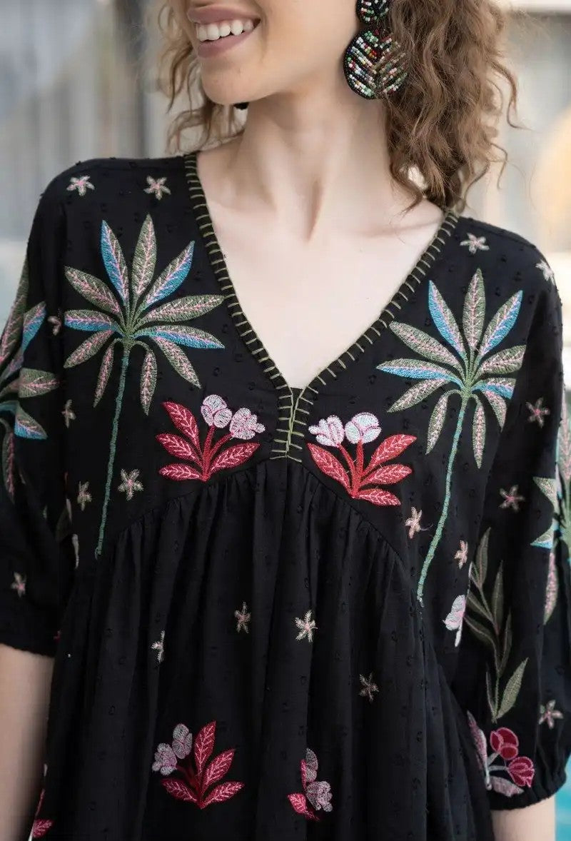 Tropical Garden Bliss Pure Cotton Embroidered Dress