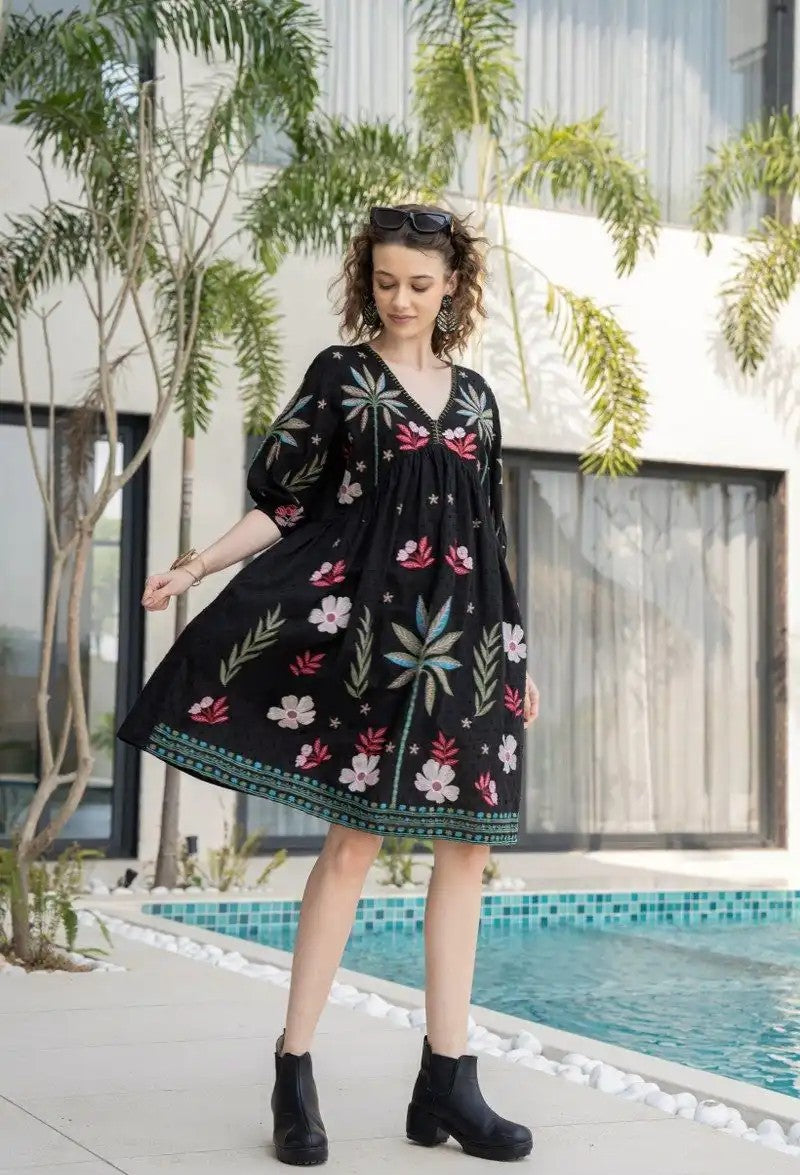 Tropical Garden Bliss Pure Cotton Embroidered Dress – निवारा