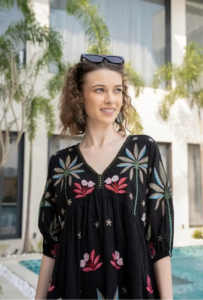 Tropical Garden Bliss Pure Cotton Embroidered Dress