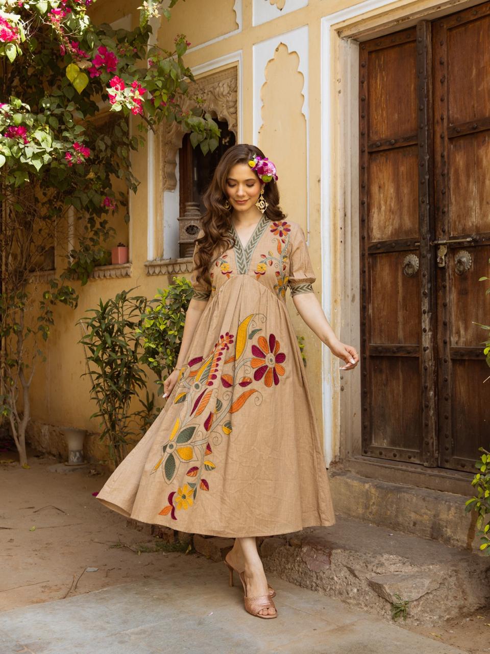 Sienna Bloom Cascade Cotton Embroidered Long Dress