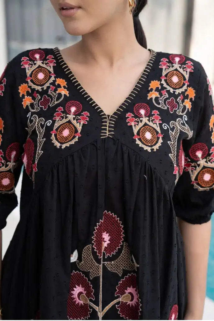 Floral Bliss Embroidery on Black Cotton Canvas