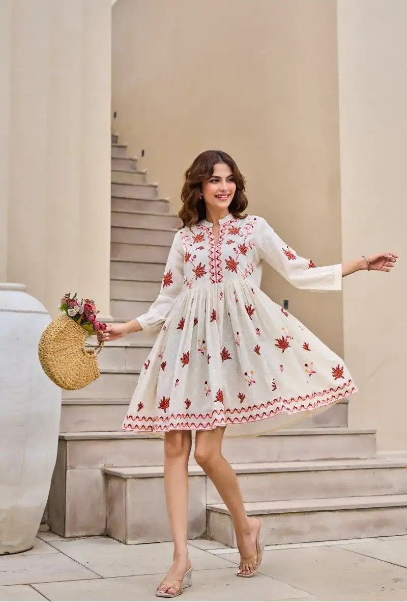 Crimson Petal Charm Cotton Embroidered Dress
