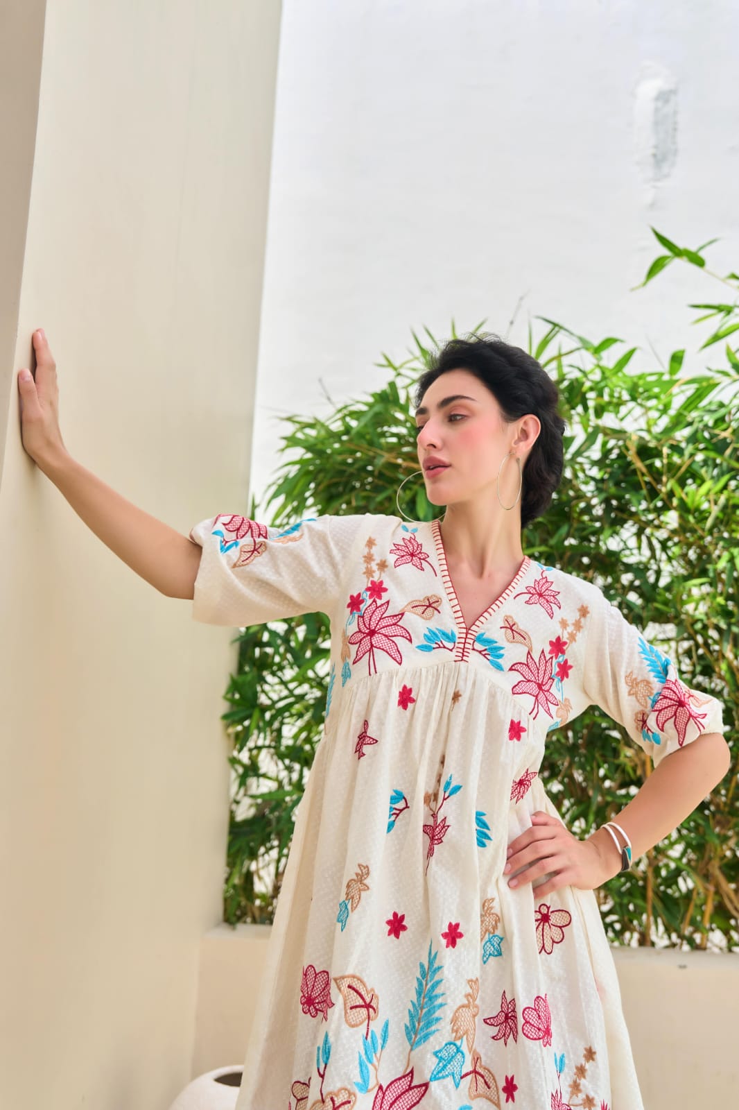 Tropical Bloom Cotton Embroidered Short Dress