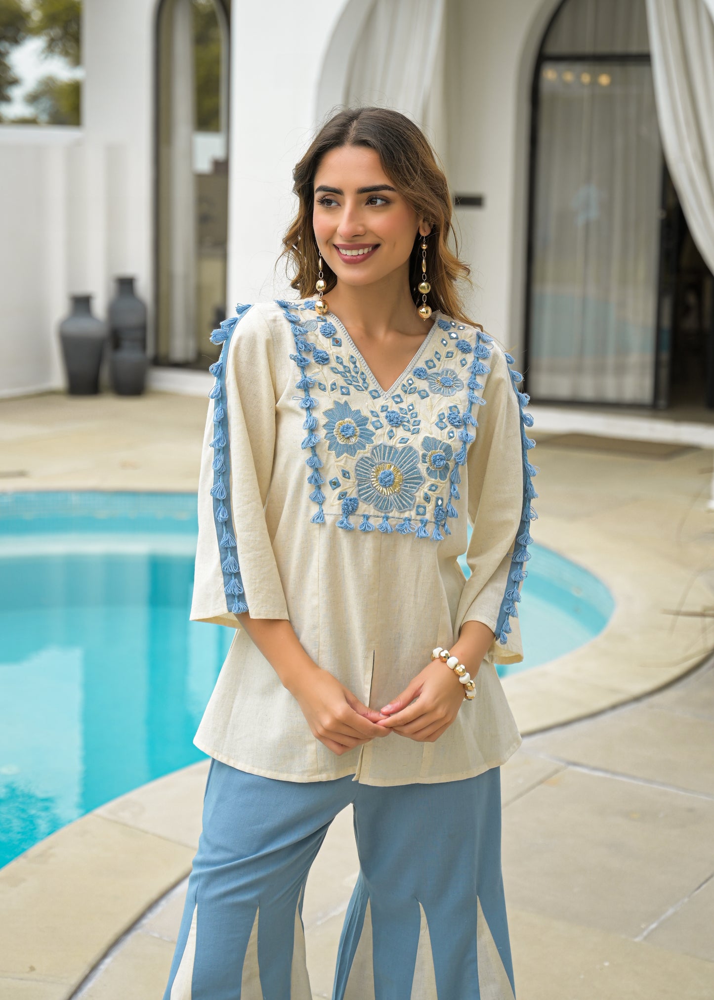 Azure Whisper Cotton Embroidered Co-ord Set