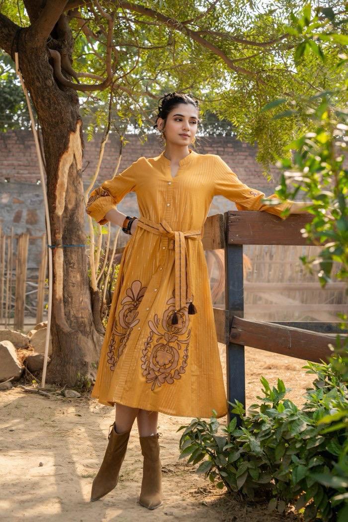 Amber Radiance Cotton Embroidered Dress