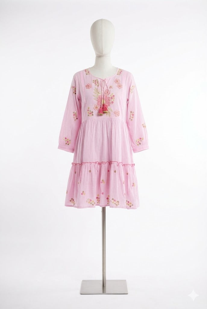 Pink Petal Embroidered Pure Cotton Short Dress