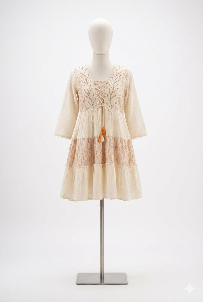 Ivory Meadow Embroidered Pure Cotton Short Dress