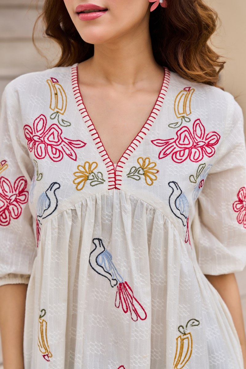 Avian Blossom Melody Cotton Embroidered Dress