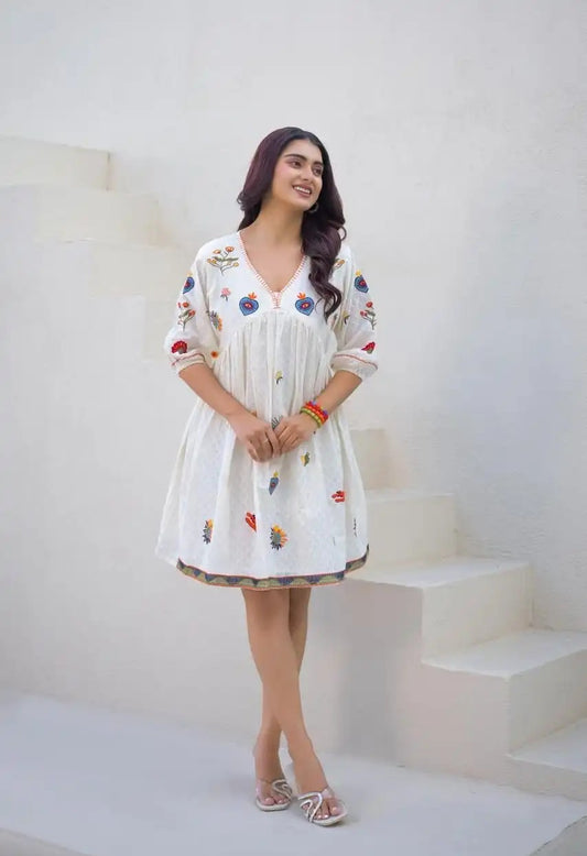 White Embroidered Cotton Short Frock for Women