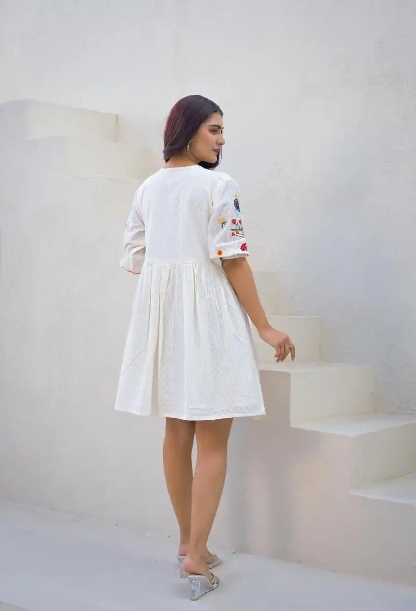 White Embroidered Cotton Short Frock for Women