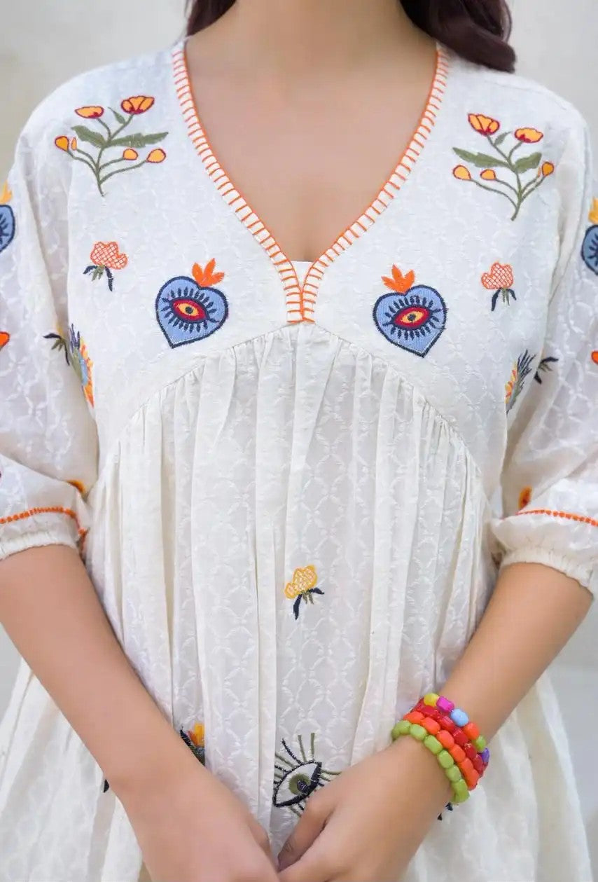 White Embroidered Cotton Short Frock for Women