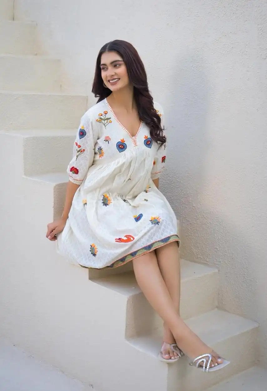 White Embroidered Cotton Short Frock for Women