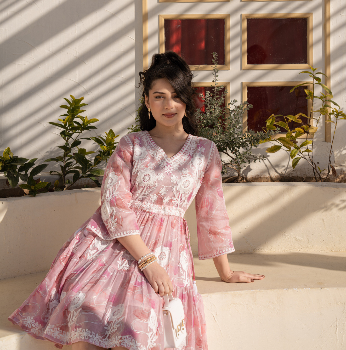 Rose Blush Embroidered Pure Cotton Short Dress