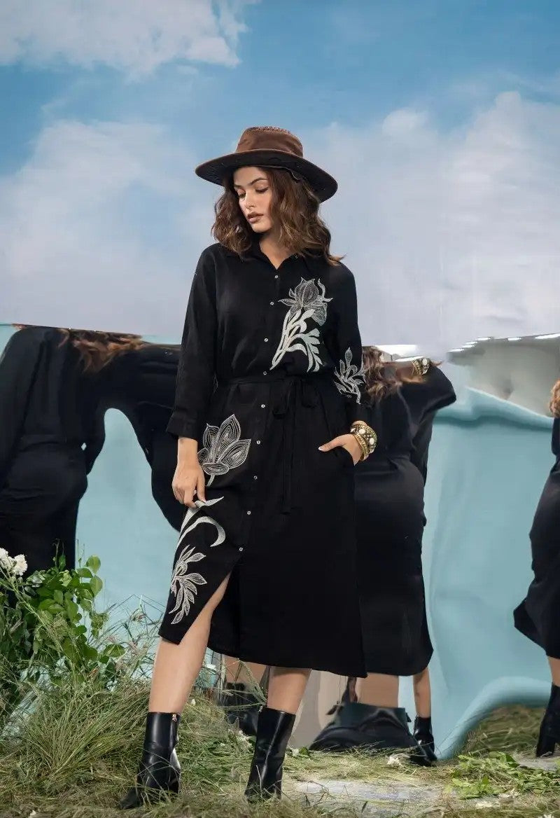 Ink Garden Elegance Cotton Embroidered Long Dress