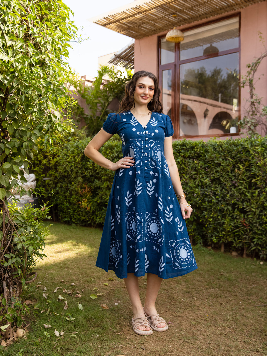 Indigo Muse Floral Embroidered A-Line Dress
