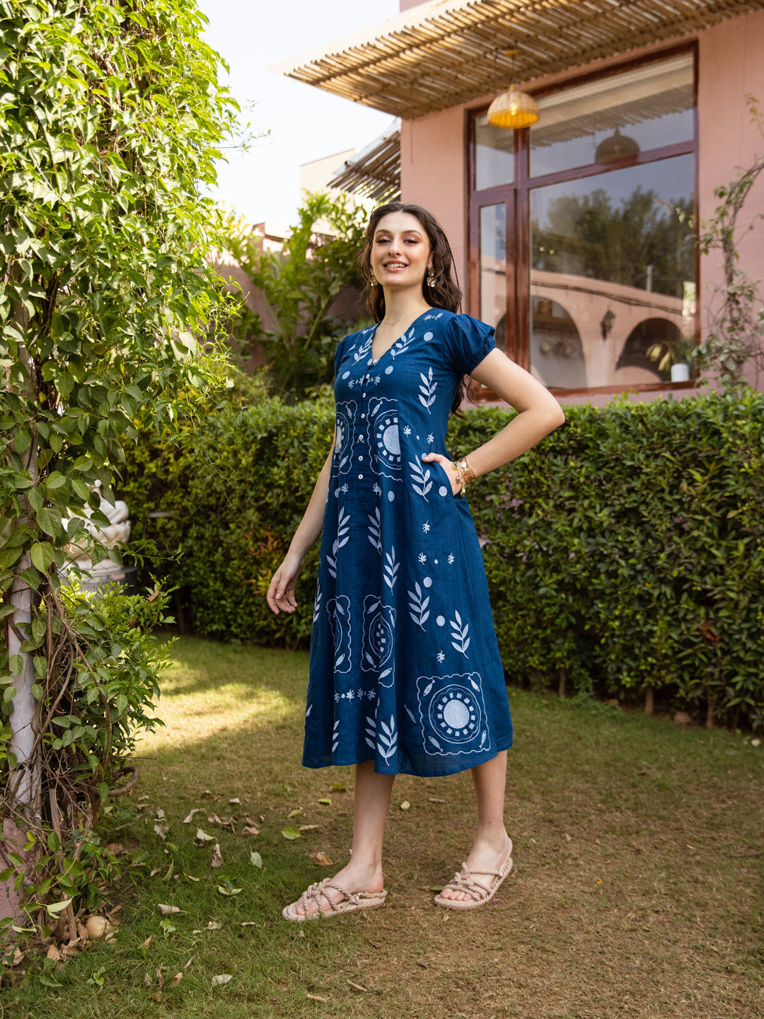 Indigo Muse Floral Embroidered A-Line Dress