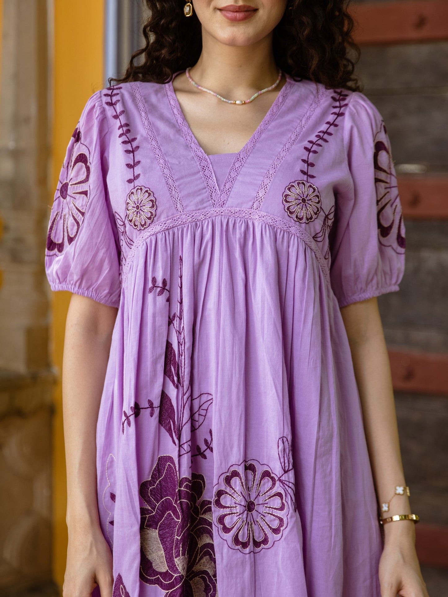 Lavender Bloom Cotton Embroidered Dress