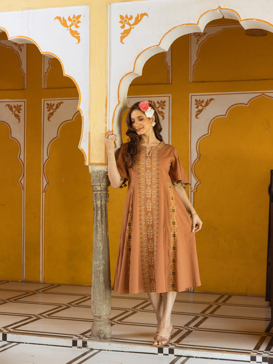 Saffron Whisper Cotton Embroidered Long Dress