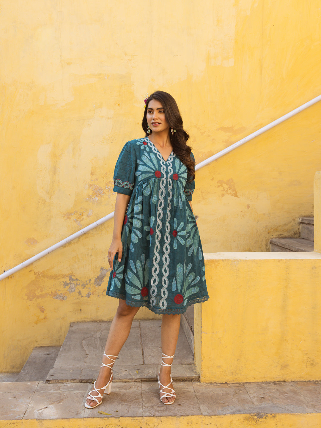 Teal Bloom Whimsy Garden Embroidered Cotton Dress