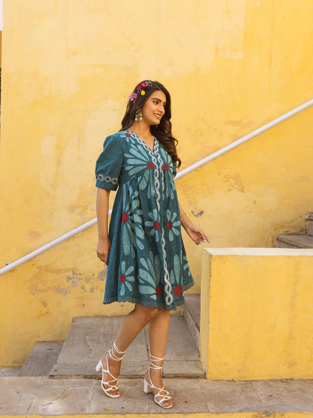 Teal Bloom Whimsy Garden Embroidered Cotton Dress