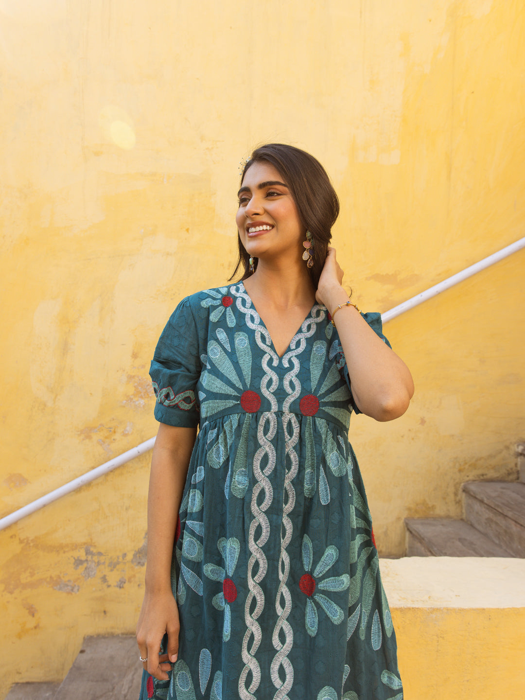 Teal Bloom Whimsy Garden Embroidered Cotton Dress