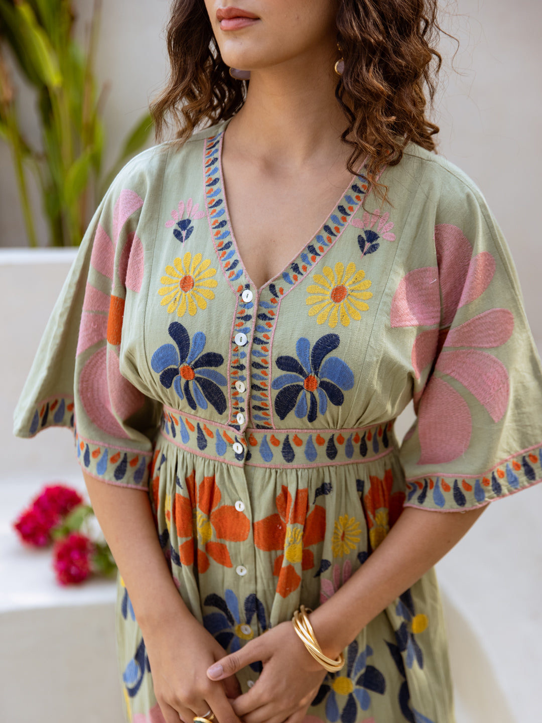 Serene Meadow Graceful Floral Embroidered Mint Green Midi Dress