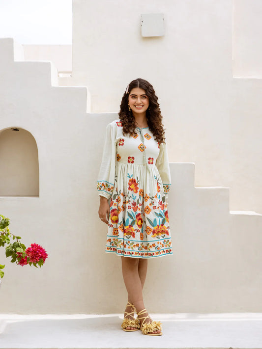 Blooming Radiance: Cream Floral Embroidered Summer Dress