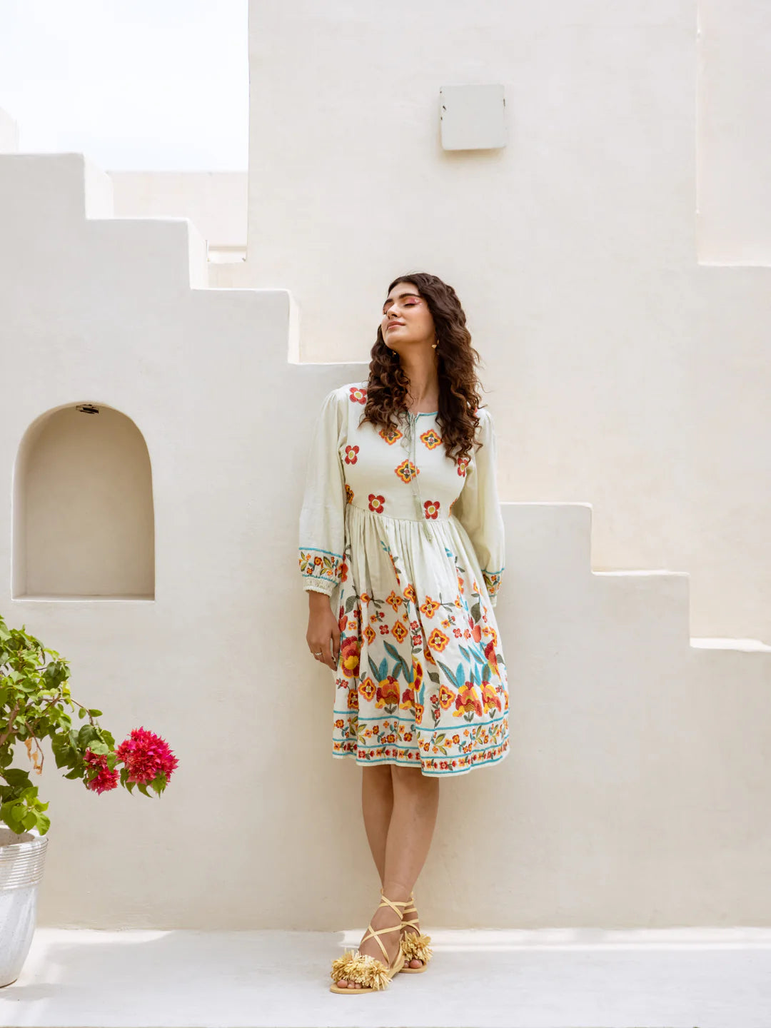 Blooming Radiance: Cream Floral Embroidered Summer Dress