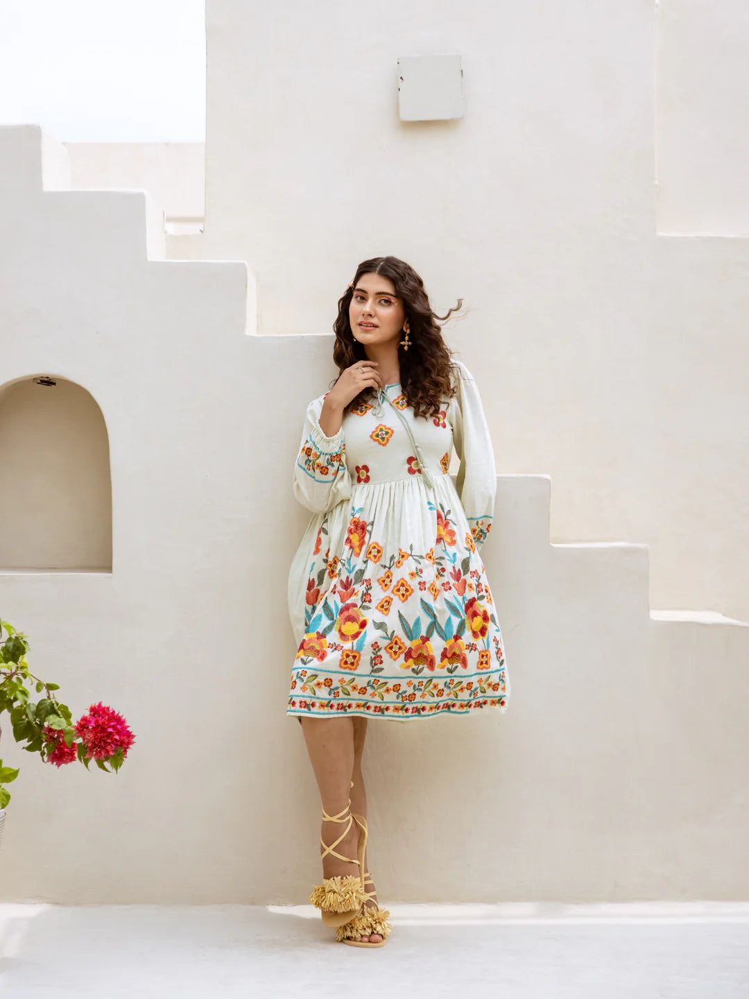 Blooming Radiance: Cream Floral Embroidered Summer Dress