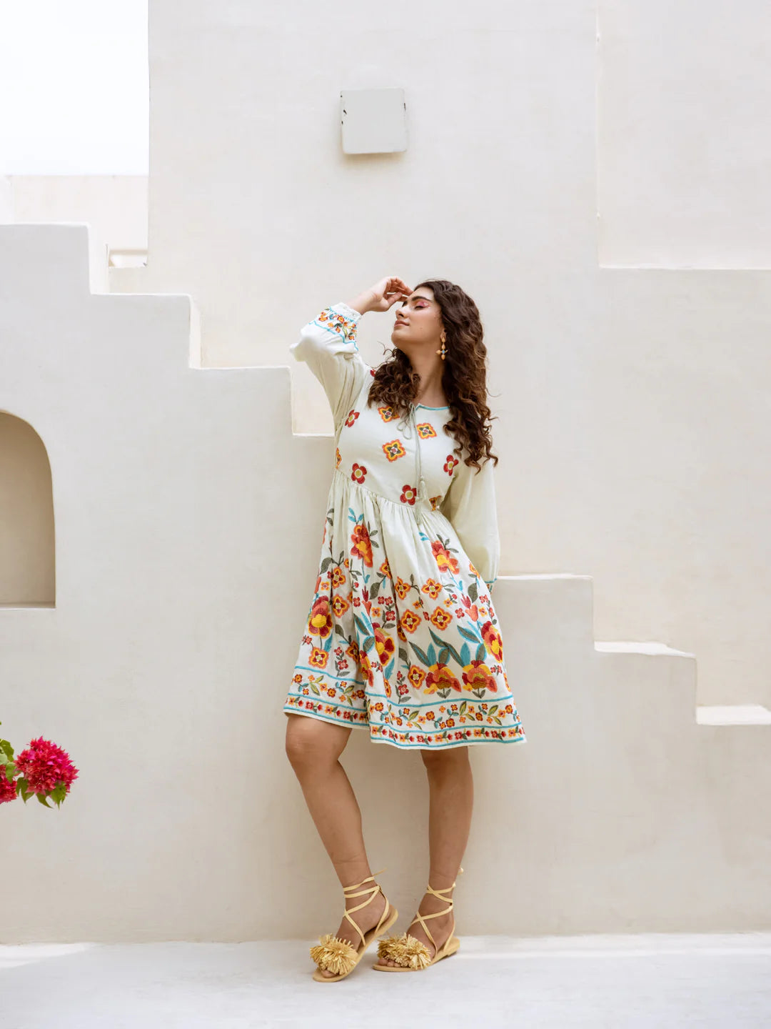 Blooming Radiance: Cream Floral Embroidered Summer Dress