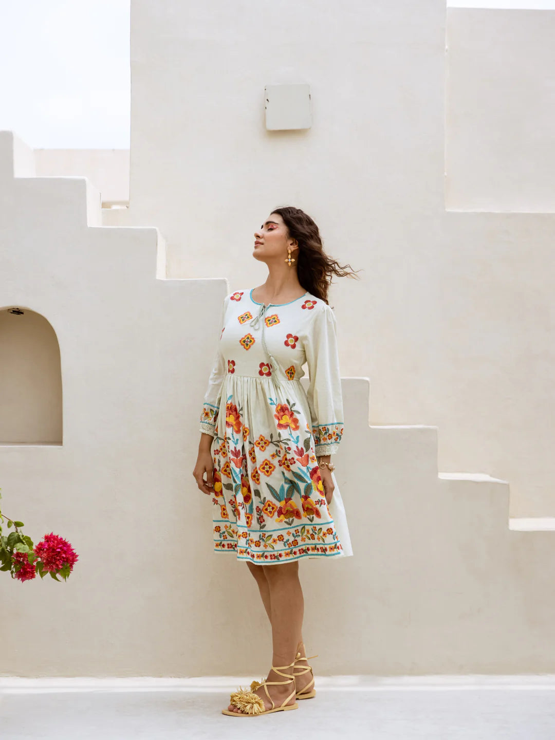 Blooming Radiance: Cream Floral Embroidered Summer Dress