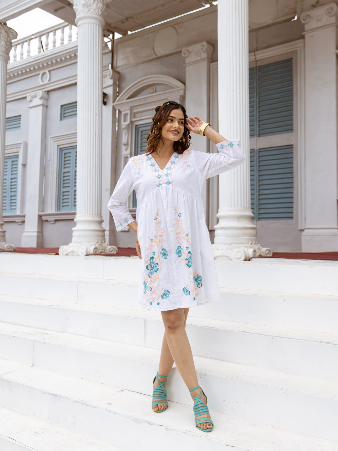 Serene Sky Embroidered Short Dress